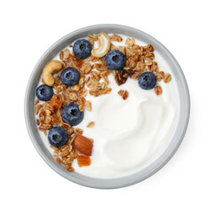 Bowl with yogurt, blueberries and granola isolated on white, top view