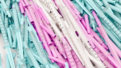 Baby pink blue white transgender syringes testosterone estrogen health care dangerous drugs safeguarding 3d illustration render digital rendering