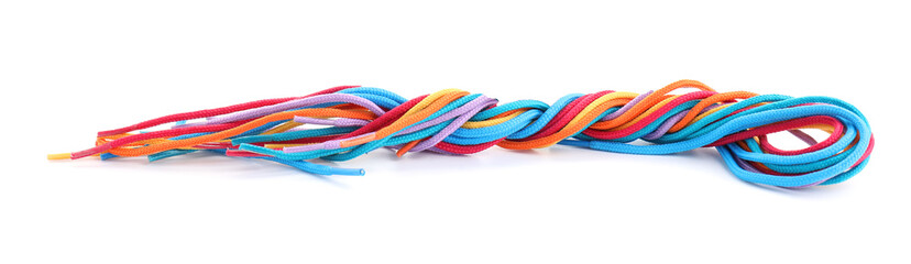 Many colorful shoe laces isolated on white