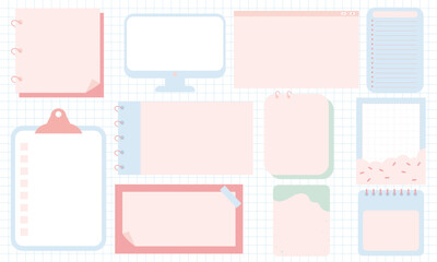 Cute kawaii pastel color vector collection of memo pads notepad and sticky notes
