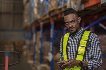 Warehouse worker working in warehouse storage. Foreman or worker work at factory site check up...