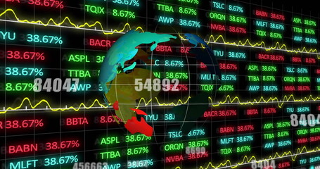 Image of globe and financial data processing over black background