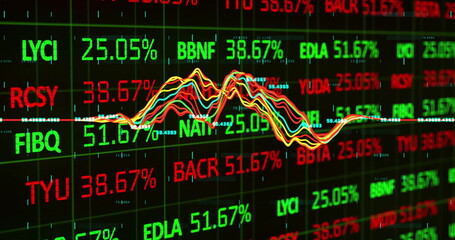 Image of statistics and financial data processing over black background