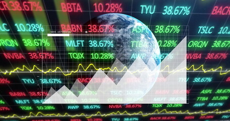 Image of statistics and financial data processing over globe on black background