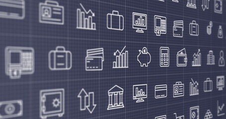 Image of business icons and data processing over grey background