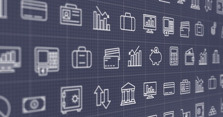 Image of business icons and data processing over grey background