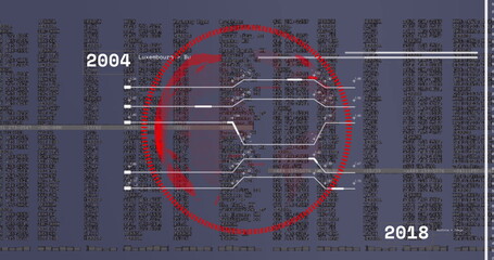 Image of financial data processing over globe on grey background