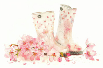 A pair of rubber boots with pink cherry blossoms. Concept of springtime and the beauty of nature. Watercolor painting.