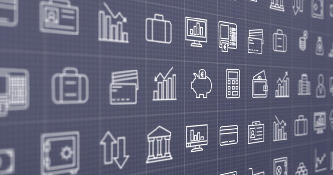 Image of business icons and data processing over grey background