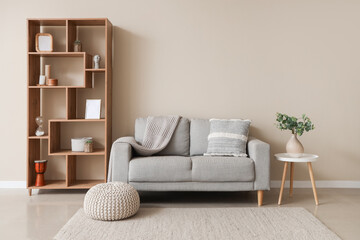 Interior of stylish living room with sofa, table and shelf unit