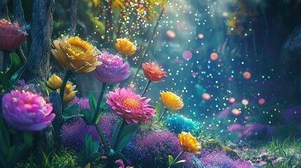 Fototapeta na wymiar A magical Easter garden where blooming candy flowers release sparkling pollen, creating a mesmerizing dance of colors in the air.