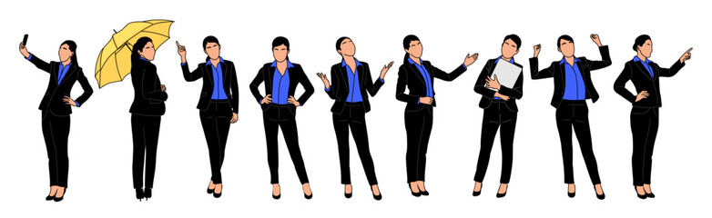 Set of Business woman character in different poses. Pretty young lady boss in formal suit standing front, side, back, rear view, pointing. Vector outline illustration on transparent background.