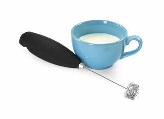 Milk frother wand and cup isolated on white