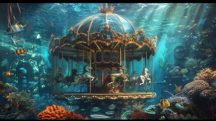  a whimsical carousel ride within a clear glass dome submerged underwater.