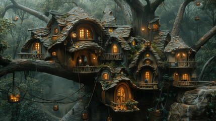 Penguin village in tree houses