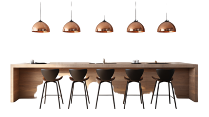 A brightly lit table surrounded by a variety of chairs, creating a captivating atmosphere on transparent background