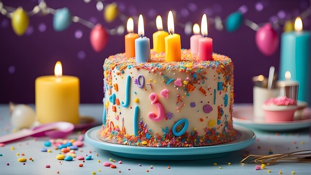 A whimsical birthday cake adorned with colorful sprinkles and flickering candles, perfect for a child's birthday party.
