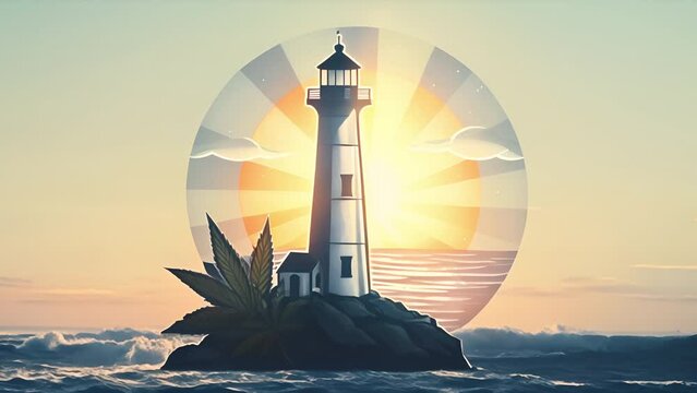 Realistic shot of a Maine lighthouse at sunset transforms into logo for Maine based cannabis products company.
