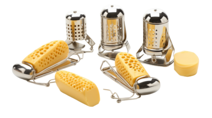 A collection of four cheese graters and a cheese slicer sit ready for use on a kitchen counter on transparent background