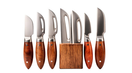 A group of knives laid out side by side on a flat surface on transparent background