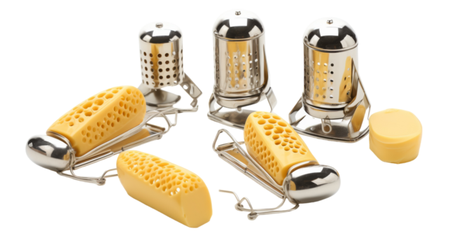 A collection of four cheese graters and a cheese slicer sit ready for use on a kitchen counter on transparent background