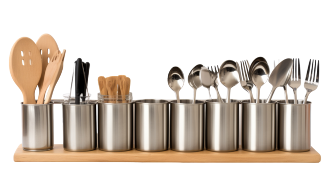 A collection of shiny stainless steel utensils and spoons, elegantly arranged on a table on transparent background