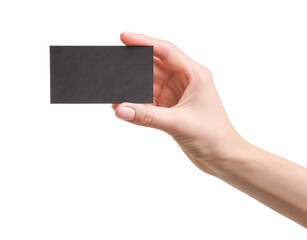 Woman holding blank business card on white background, closeup. Space for text