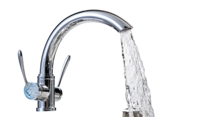Water gracefully flows from an elegant faucet in a seamless stream on transparent background