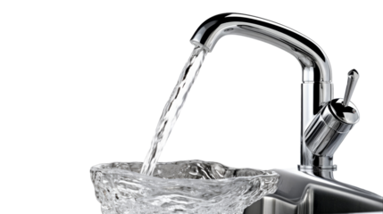 A faucet pouring water into a glass bowl on transparent background