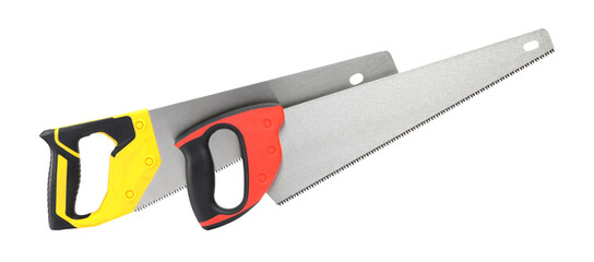 Saws with colorful handles isolated on white