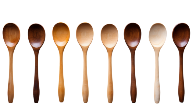 A row of wooden spoons standing tall against a pristine white backdrop on transparent background