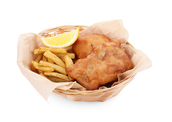 Tasty fish, chips and lemon in wicker bowl isolated on white