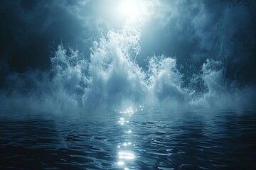 A dramatic scene unfolds: dark water shrouded in mist, with ethereal clouds hinting at the presence of the spirit above.