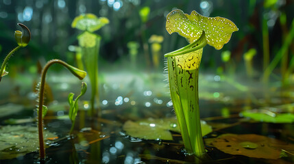  several carnivorous plants growing in a bog. The plants are mostly green with some reddish coloration. They have long, tubular leaves that are filled with water. There are small insects and other bug - obrazy, fototapety, plakaty