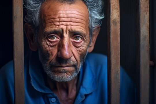 Elderly Hispanic male prisoner, aged 70, with a weathered face that tells the story of a lifetime of hardship and perseverance