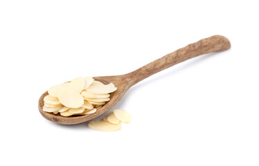 Fresh almond flakes and spoon isolated on white