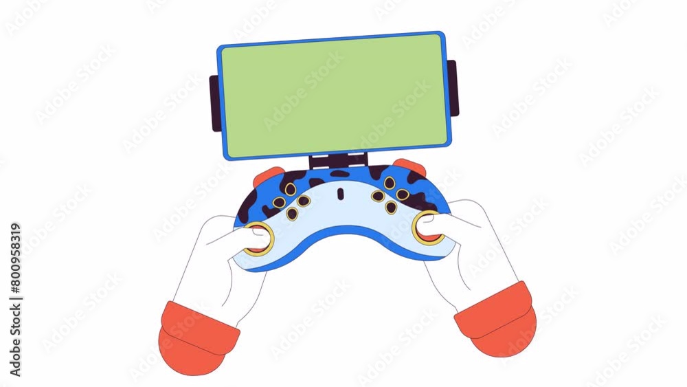 Poster phone holder for game controller line 2d character hands animation. gamepad smartphone empty screen 