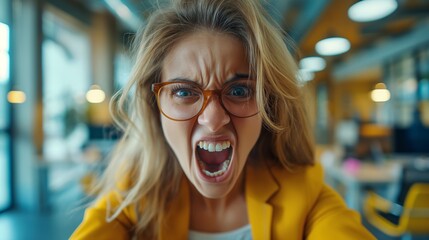 Stressed and angry woman in the office - obrazy, fototapety, plakaty