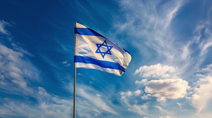 Israel flag flutters in the wind on a flagpole against a blue sky