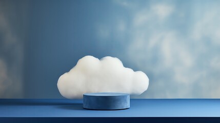 Abstract and artistic representation of a blue podium with a fluffy cloud motif, suitable for creative digital content and innovative product launches