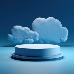 3D render of a blue podium with cloud texture on a matching blue background, ideal, showcase, model, modern, deftness, stylish, platform, latest, event, display, product, sculpture, white, expo