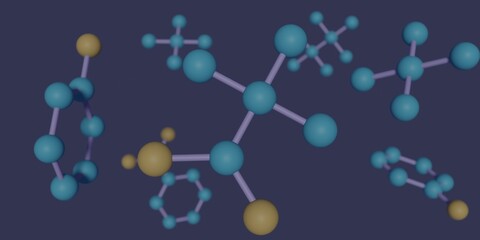 球状の元素と結合からなる分子模型、暗い背景