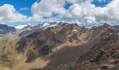Boundless alpine panorama between Italy and Austria with high peaks and glaciers. Gepatschferner...