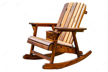 A rocking chair with a built-in cup holder, allowing you to enjoy your favorite beverage while rocking, isolated on a solid white background.