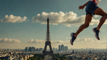 An athlete high jumping and running over the Paris skyline as concept image for 2024 Paris summer olympics