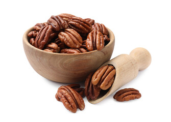 Tasty pecan nuts in bowl and scoop isolated on white