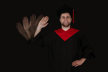 Stroboscopic photo of male graduate waving hand on dark background
