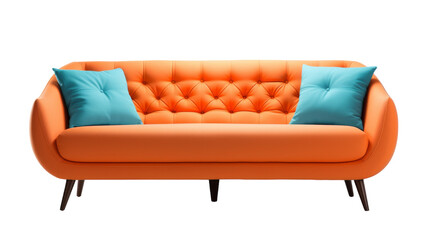 An orange couch adorned with two blue pillows on transparent background