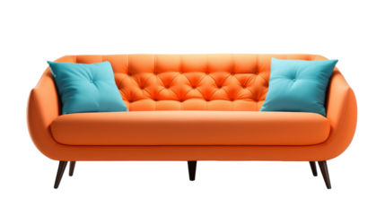 An orange couch adorned with two blue pillows on transparent background