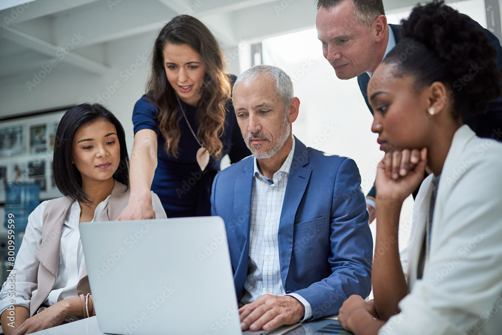 Poster collaboration, laptop and management with business people in office for problem solving or project m